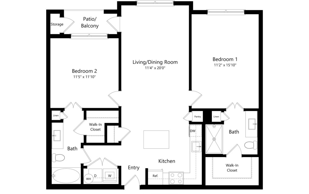 Ember - Renovated - 2 bedroom floor plan layout with 2 bathrooms and 1022 - 1076 square feet (2D)