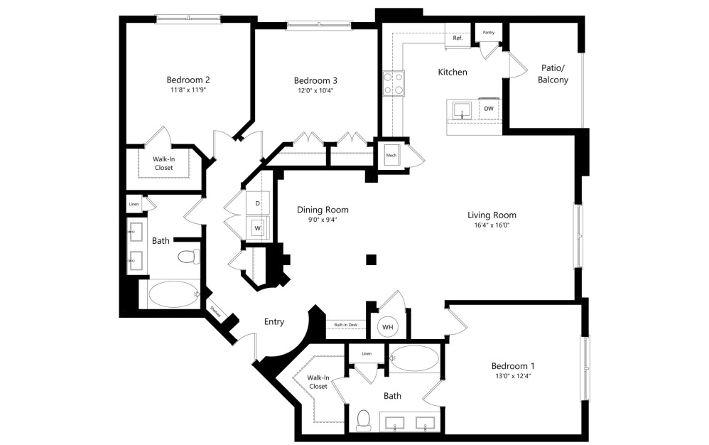 Solis - Renovated - 3 bedroom floor plan layout with 2 bathrooms and 1553 square feet (2D)