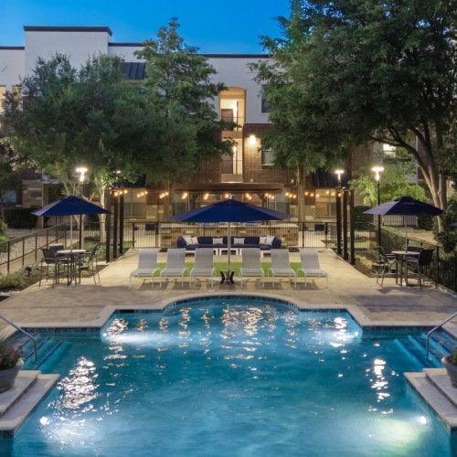 a courtyard with a swimming pool